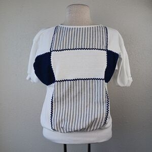 Vintage D.K. Gold Women's Blue and White Patchwork 💙 Shirt Size M